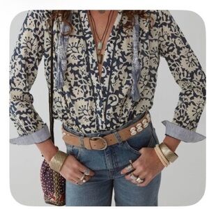 Navy and Cream Floral Blouse with Tassel Accents